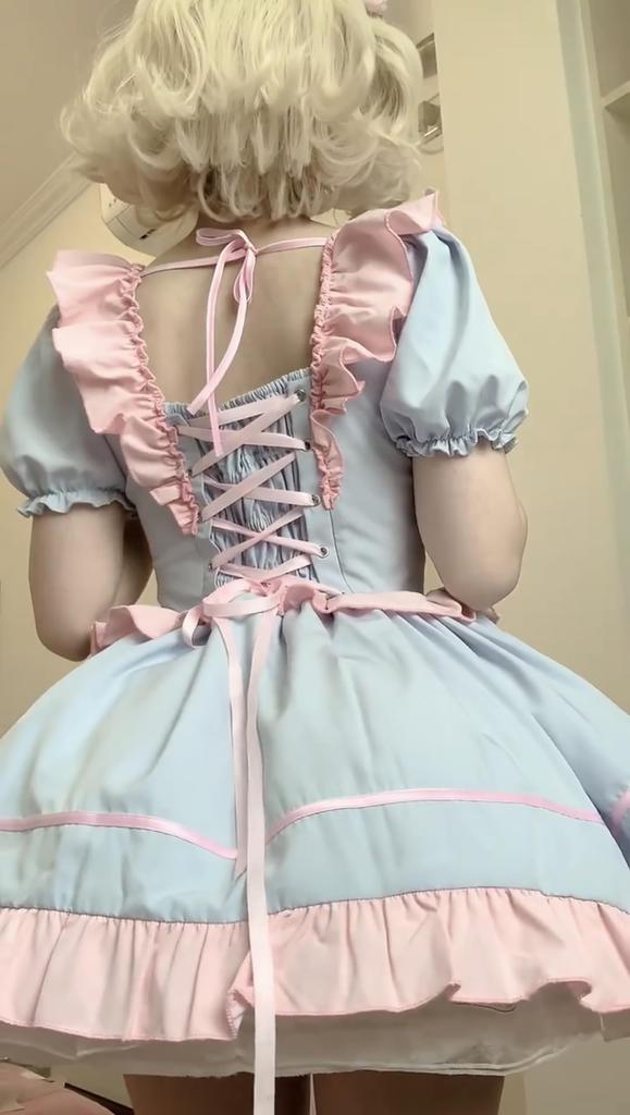 XHSUKADO 3-Piece Maid Outfit Set, Lolita Dress with Ribbon, Lace-Up, Dreamy, Cute Gothic Lolita Dress, Ruffles, Mori Girl, Princess Style, Idol Costum