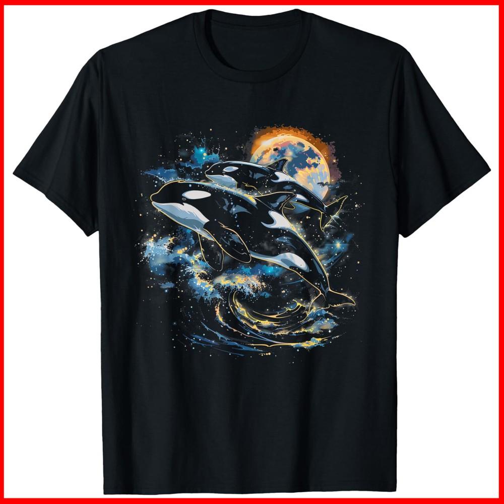 Orca In Space Planets Stars Whale Lover Black Cotton T-Shirt Unisex T-Shirt XXXL