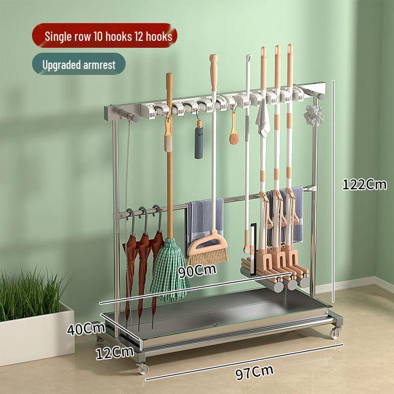 Stainless Steel Mobile Mop and Broom Holder Stand for Cleaning Tools
