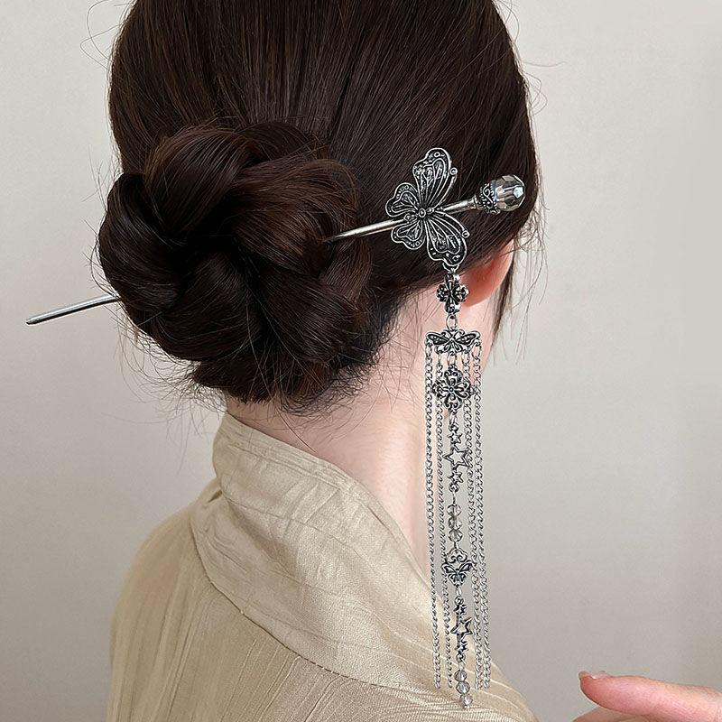 Chinese Style Butterfly Fan Tassel Hair Stick For Women Vintage Metal Hanfu Chopstick Hair Sticks Hair Accessories