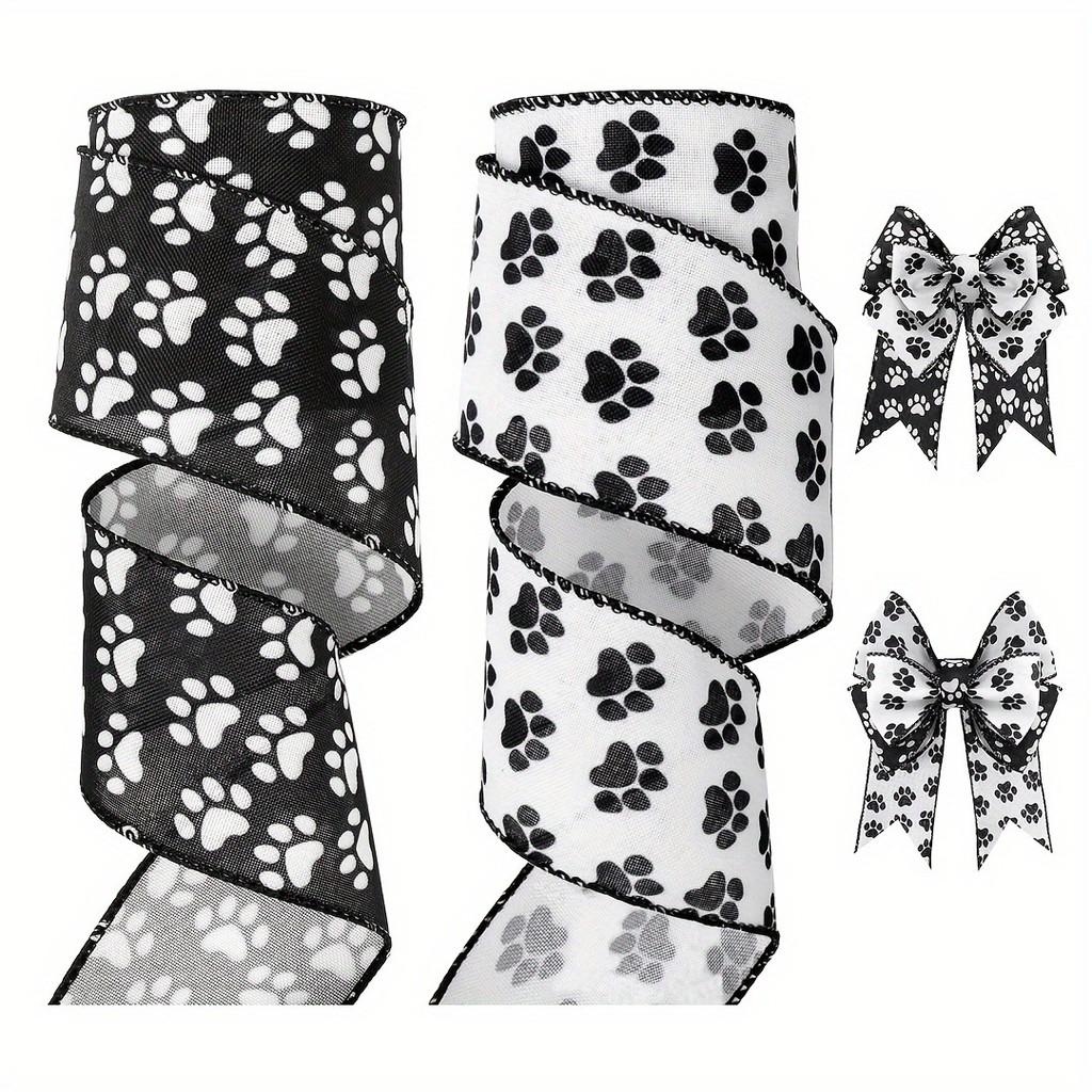 White Satin Ribbon With Black Paw Prints Perfect For Pet Themed Diy Projects And Decorations