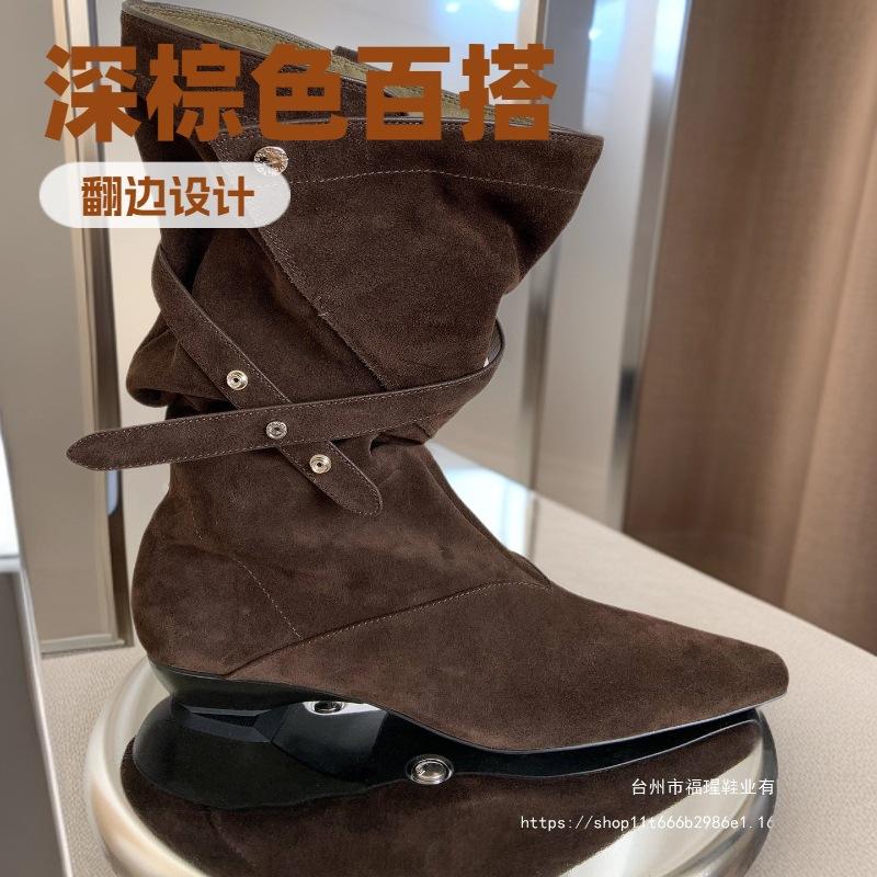 Large Size Pointed Western Cowboy Boots Niche Oblique Neckline Buckle Medium Boots 2025 New Two-wear Stacking Boots