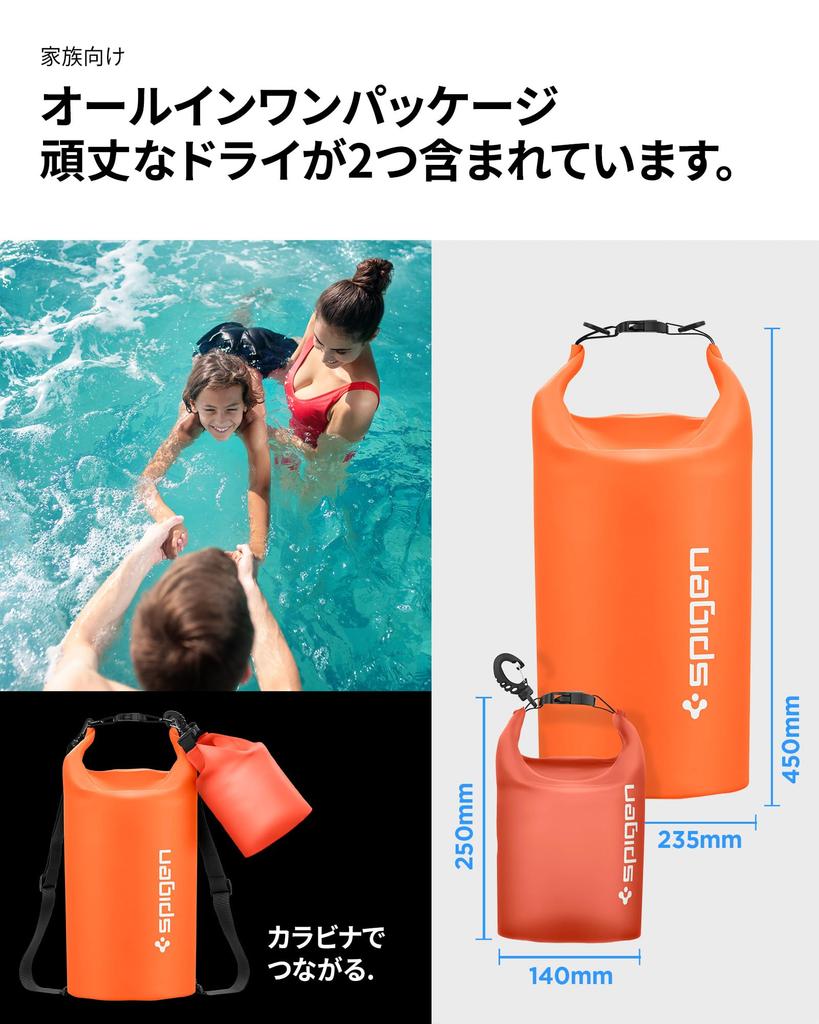 Spigen Waterproof Bag Dry Bag 20L 2L Set of 2 IPX6 Certified Rucksack Waterproof Bag Large Capacity Sea Pool Diving Stuff Bag Drum Type Backpack PVC