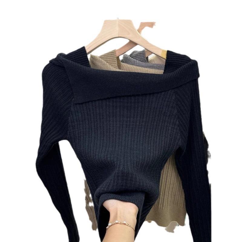 Lapel One-word Shoulder Knitted Bottoming Shirt Women's Inner Sweater Autumn and Winter New Design Short Top Women's