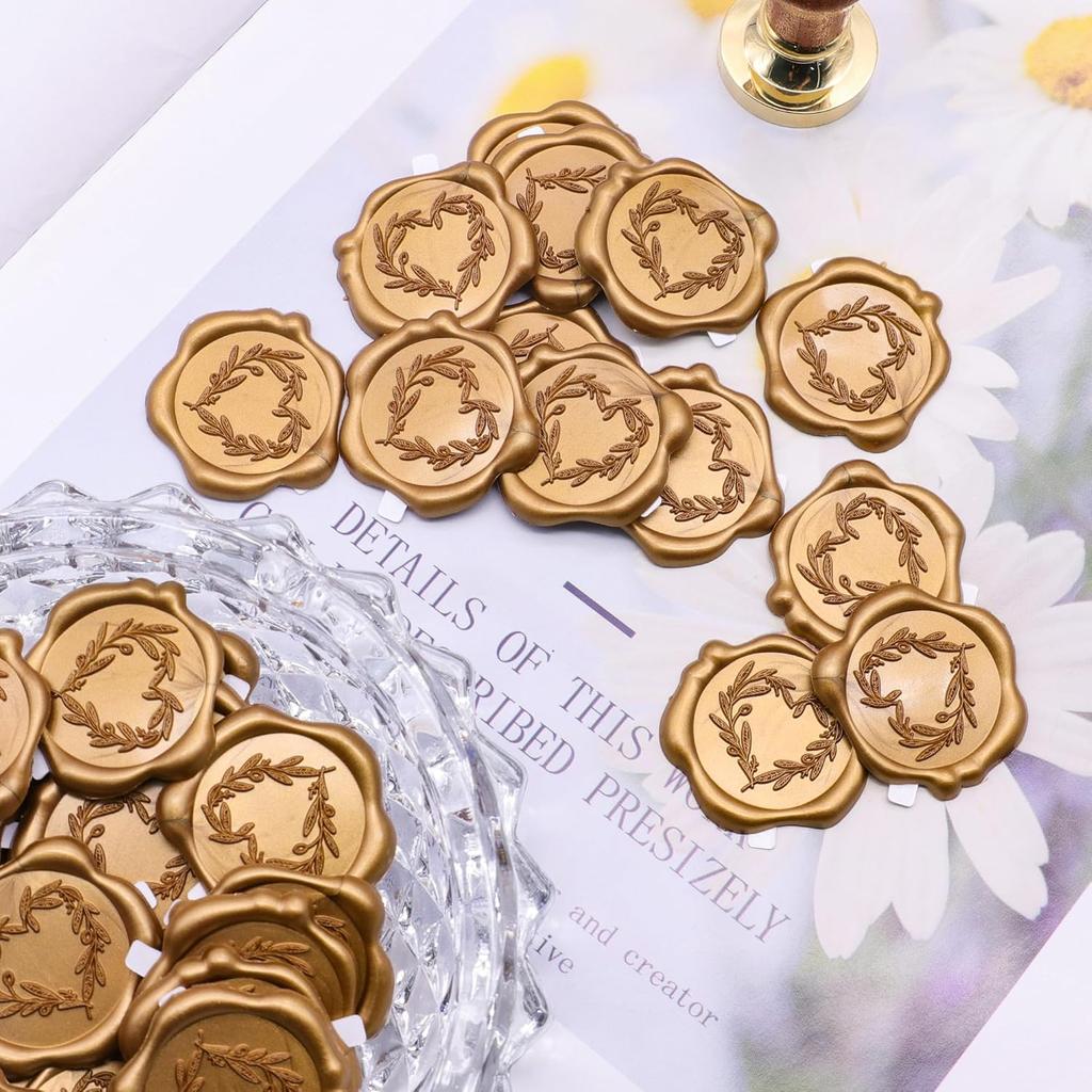 50Pcs Antique Gold Heart Wax Seal Stickers, Self Adhesive Envelope Seal Stickers for Wedding Invitation, Greeting Cards, Gift Wr