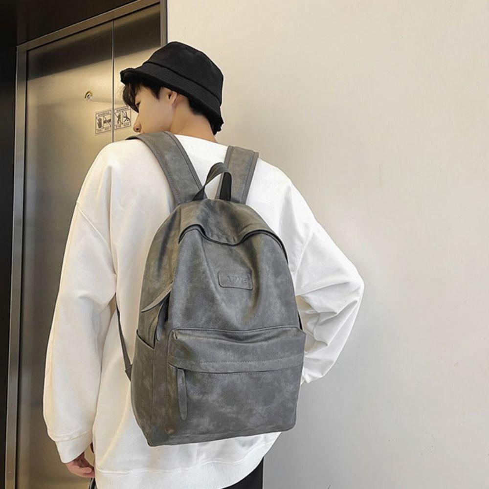 Multiple Pockets Teens Schoolbag Korean Style Travel Bag Leather Backpack Men  Boys Girls