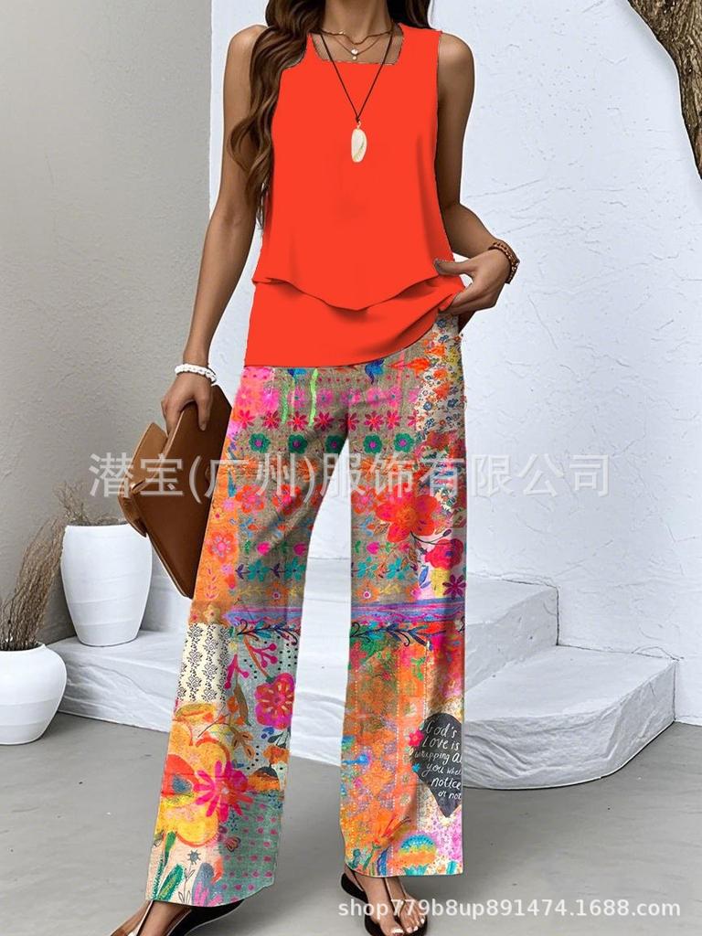 New European and American women's clothing spot explosion sleeveless casual double-layer vest plus pants set two-piece set