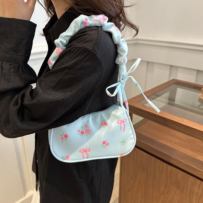 Unique Wrinkled Drawstring Floral Handbag Stylish Versatile Shoulder Underarm Purse Bag For Women