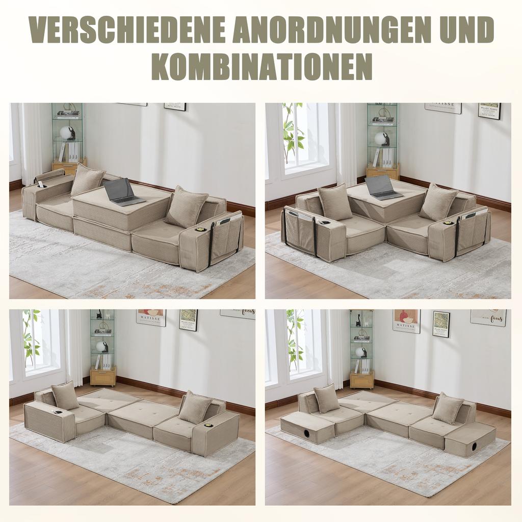 Sofá Cama Duplo com Sofá de Dois Lugares em Tecido e Duas Almofadas. Banquinho Decorativo com Armazenamento Lateral e Porta-Copos.