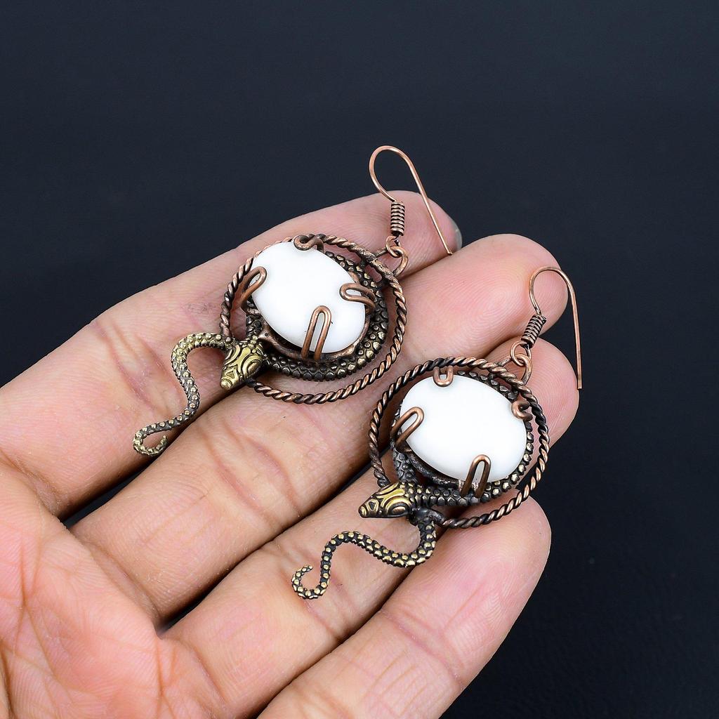 White Coral 999 Copper Wire Wrapped Earrings, Handmade Gemstone Earrings Jewelry, Gifts For Wife Brand New Earrings