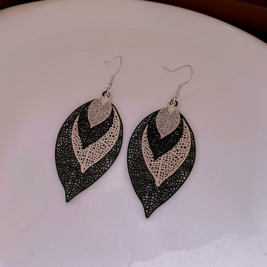 

European and American Casual Style Multi-layer Hollow Leaf Earrings Personalized Exaggerated Ear Hooks Simple Versatile Earrings Female Niche