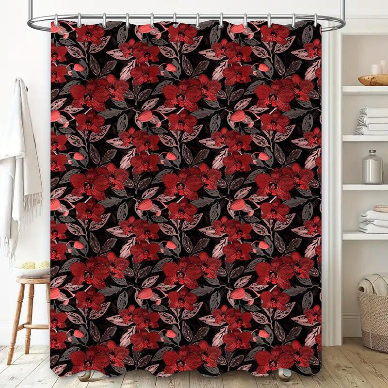 Red Floral Print Shower Curtain Waterproof Bathroom Decor Home Decor Window Drapes Decoration Dark Red Black Pink White Large Si