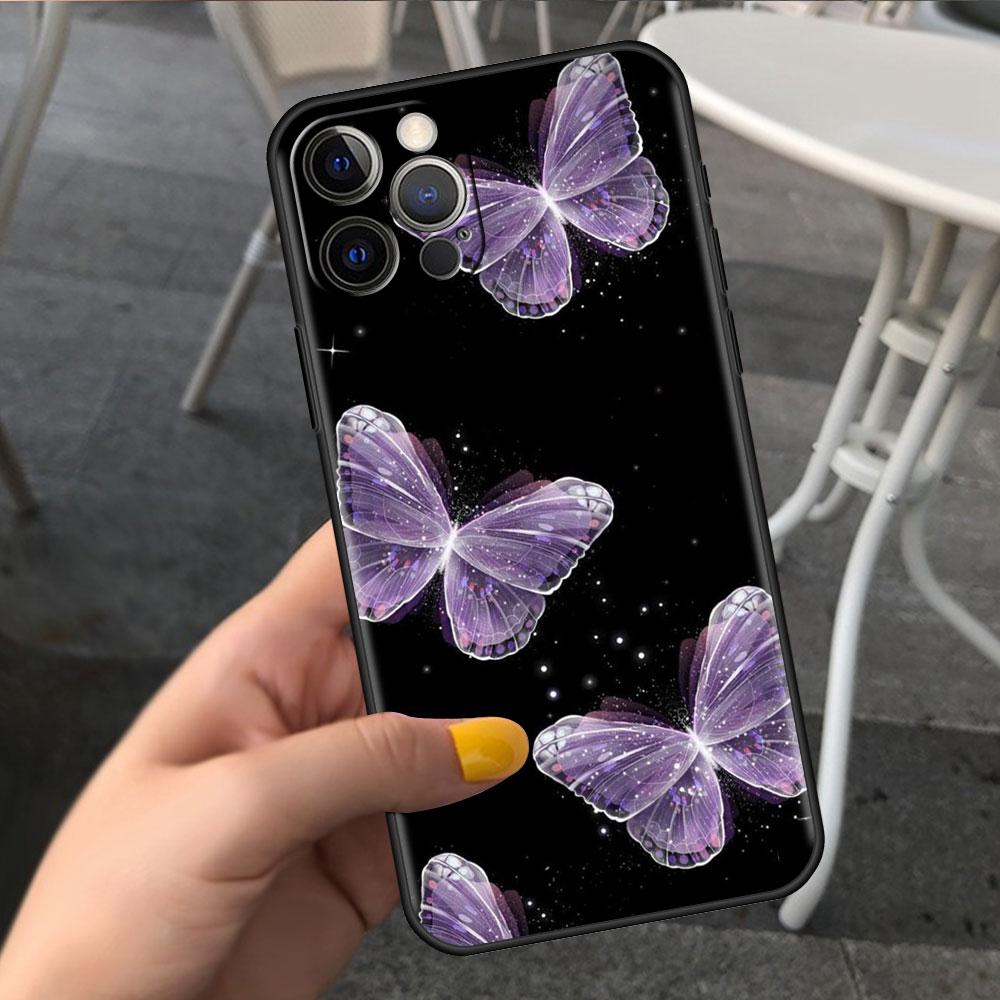 Custodia Per Apple iPhone 14 11 13 7 12 Pro 7 XR XS Max 8 Plus 6 14Pro Nera Morbida Telefono Coque Funda Rosa Bellezza Farfalla