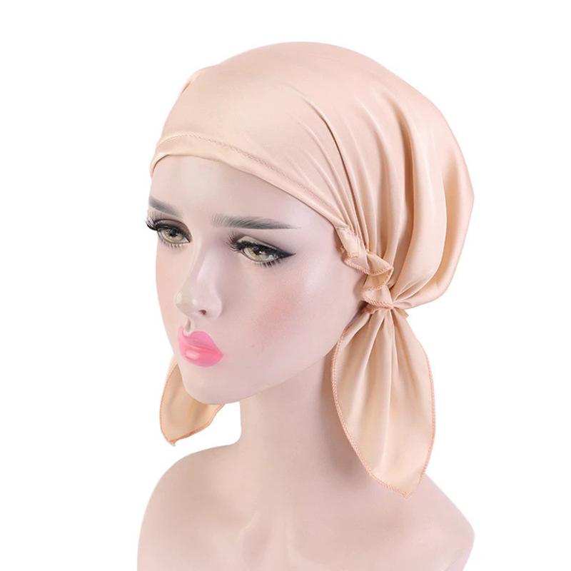 1Pc Women's Comfortable Headscarf Turban Head Cover Solid Color Hair Care Bonnet Hat Night Sleep Cap Imitated Silk