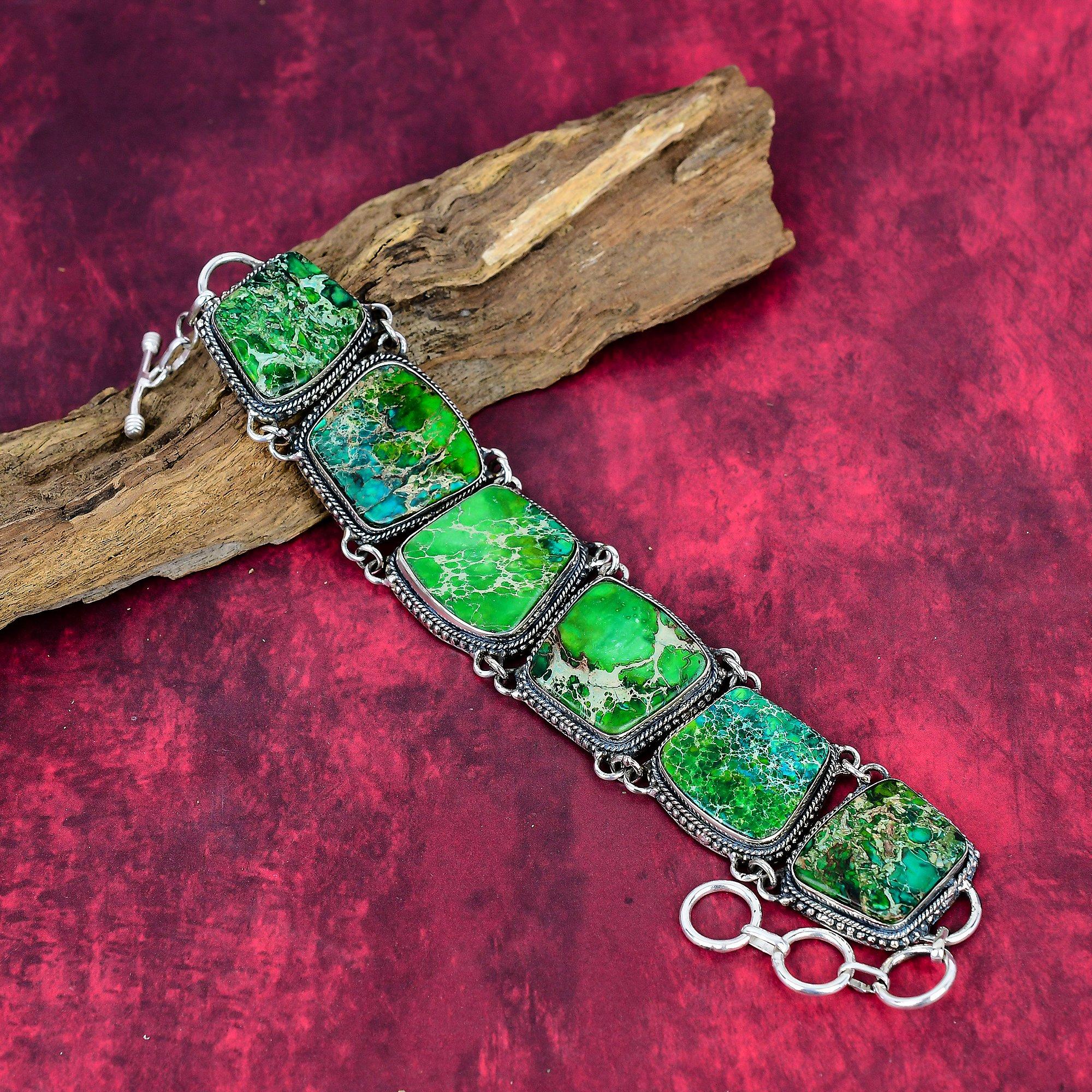 

Green Sea Sediment 925 Solid Sterling Silver Bracelet Adjustable, Chain Bracelet Handmade Gemstone Jewelry, Love Forever Gift