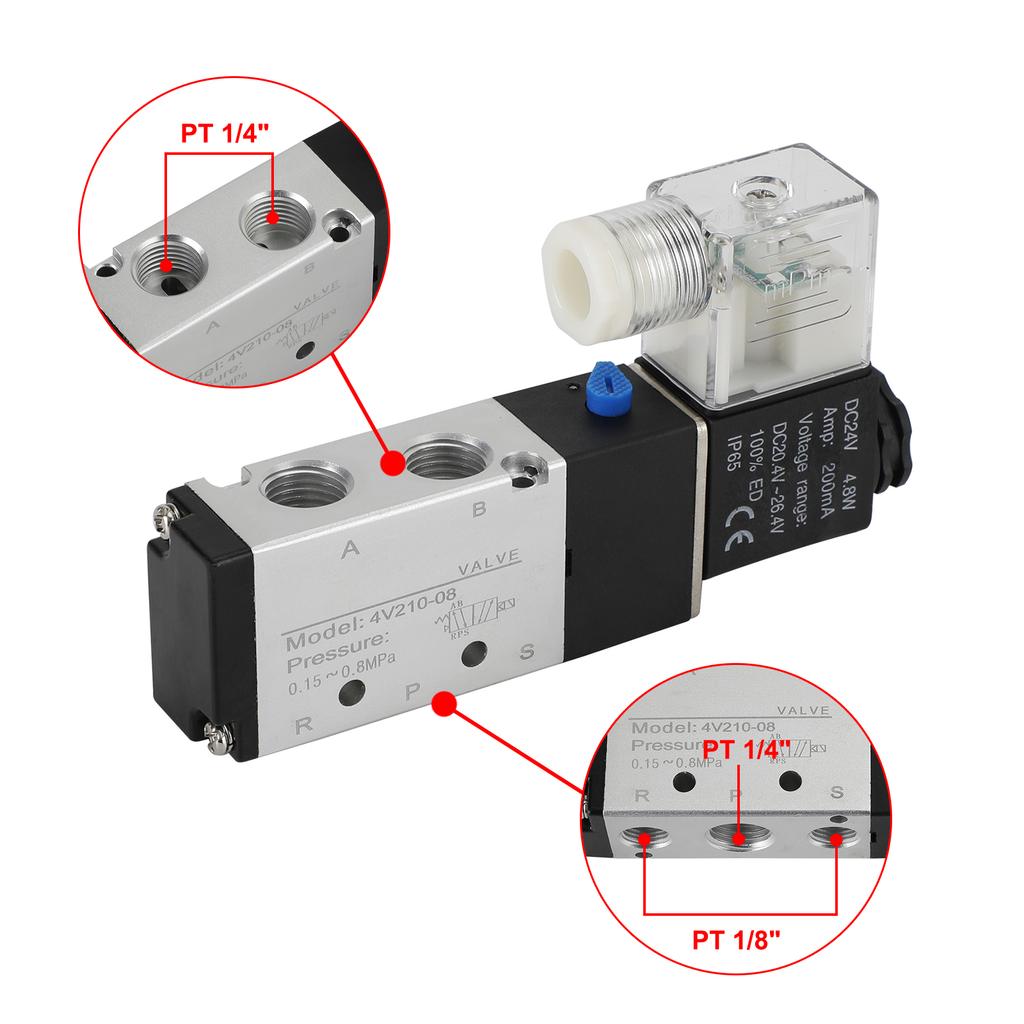 4V210-08 5 Way 2 Position Dc 24V Pneumatic Electric Solenoid Air Valve