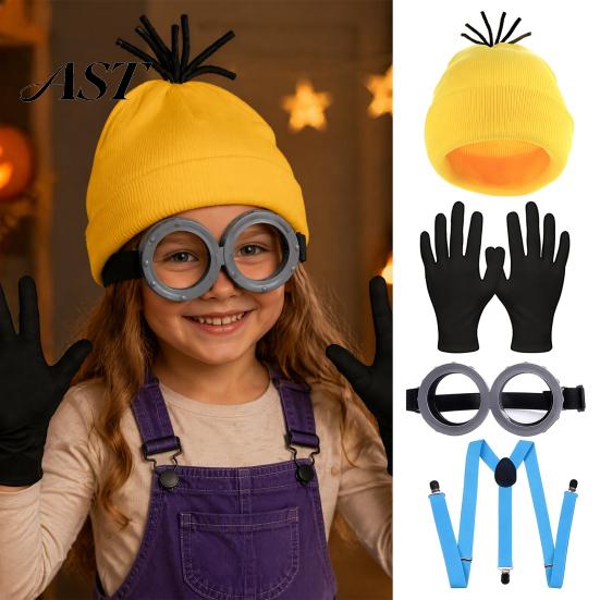 Cosplay Costume Accessories Knit Hat Set, Retro Round Glasses Suspenders Gloves, Halloween Party Black Breathable Gloves Kit for Adults, Funny Themed