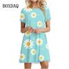 Daisy Print Dresses For Summer Plant Flowers Short Sleeve Dress Fashion O-Neck Loose Dress Oversized Women Casual Clothing