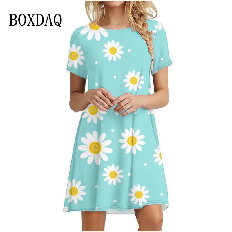 

Daisy Print Dresses For Summer Plant Flowers Short Sleeve Dress Fashion O-Neck Loose Dress Oversized Women Casual Clothing L