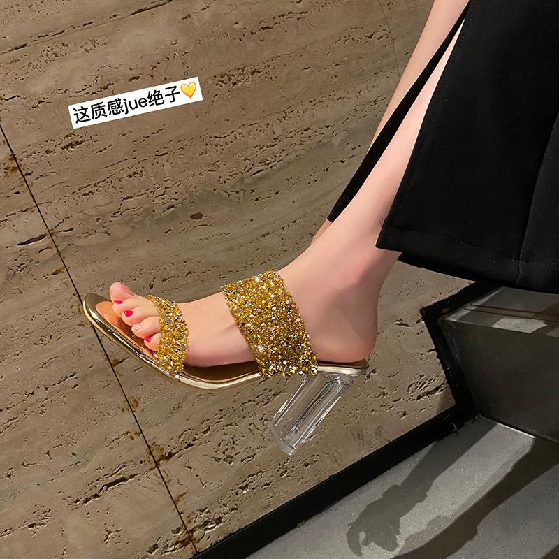 

Королева банкета~ Новые блестящие сексуальные босоножки на высоком каблуке для женщин с прозрачным высоким каблуком, крутые шлепанцы для женской летней верхней одежды 40