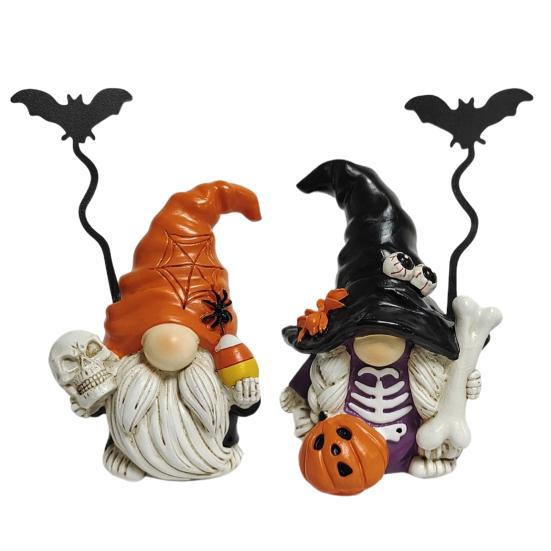 Halloween Gnome Figurine, Small Resin Dwarf Table Decoration, Spooky Pumpkin Bat Skull Gnome Statue for Tiered Tray, Tabletop, Home Decor