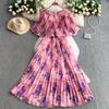 French light luxury heavy industry bead round neck lotus leaf sleeve dress women's summer waist thin pleated pendulum long skirt
