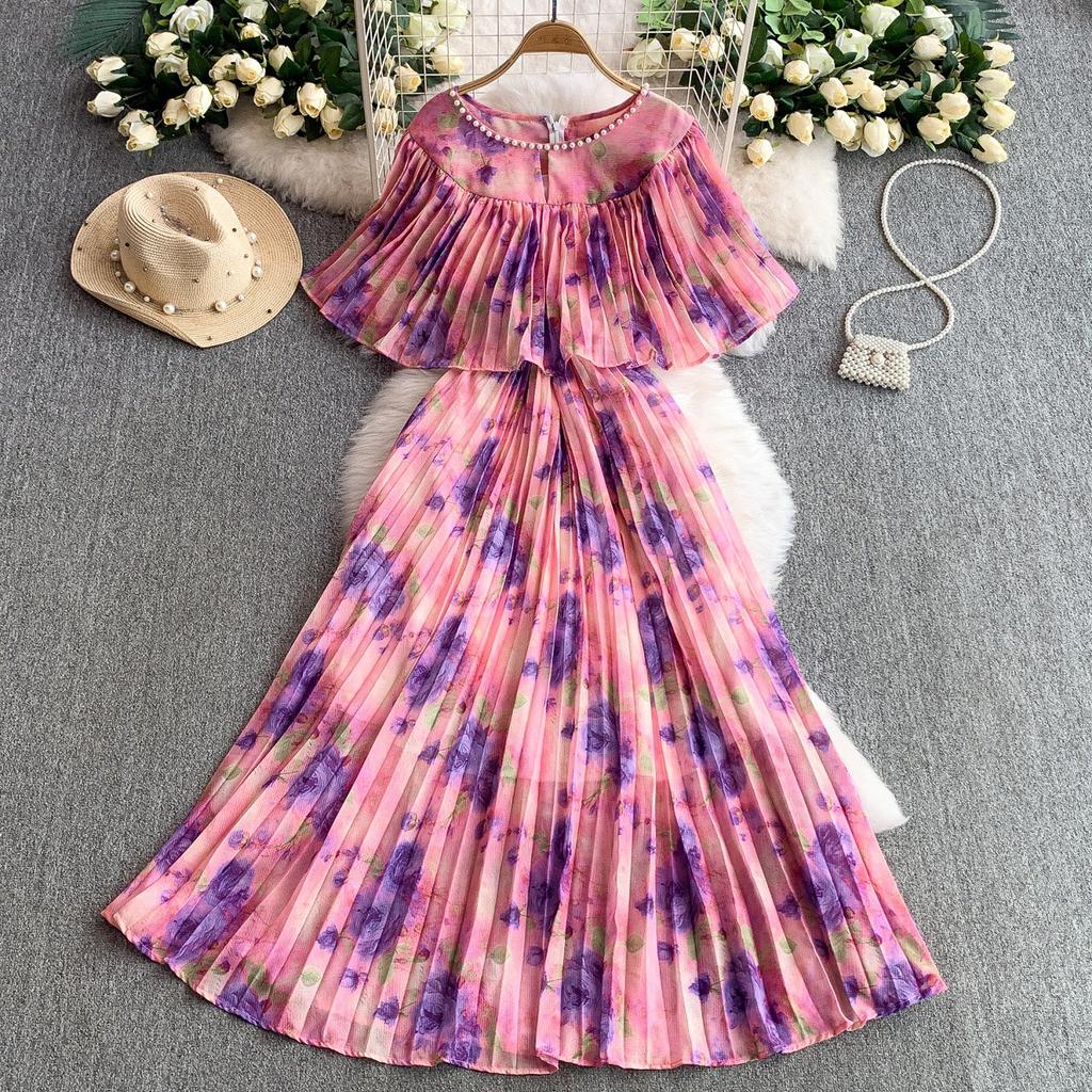 French light luxury heavy industry bead round neck lotus leaf sleeve dress women's summer waist thin pleated pendulum long skirt