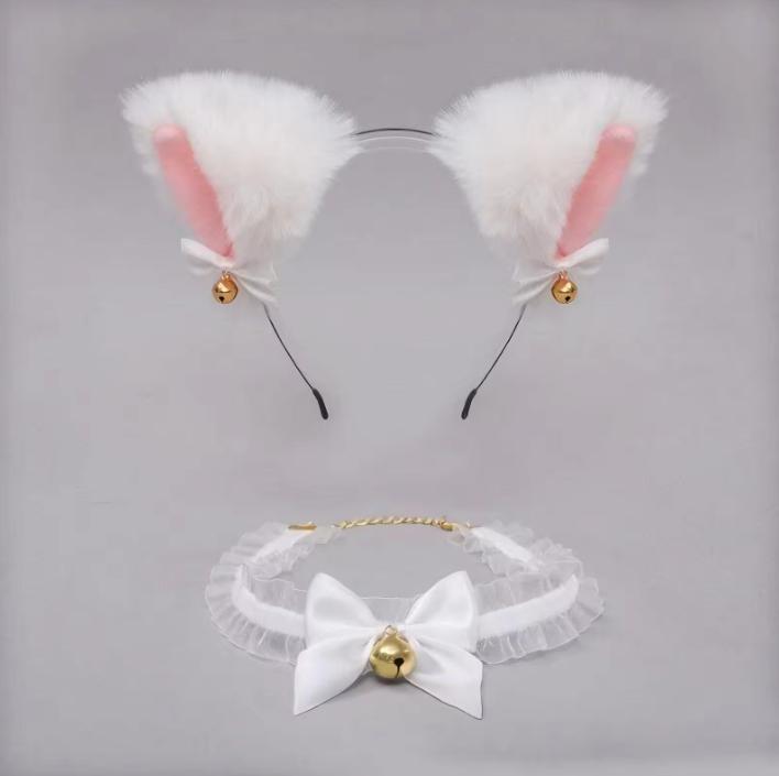 A set of 2 adorable cat-ear headbands and a bell-adorned collar, perfect for women and girls at Halloween, birthday parties, or costume parties
