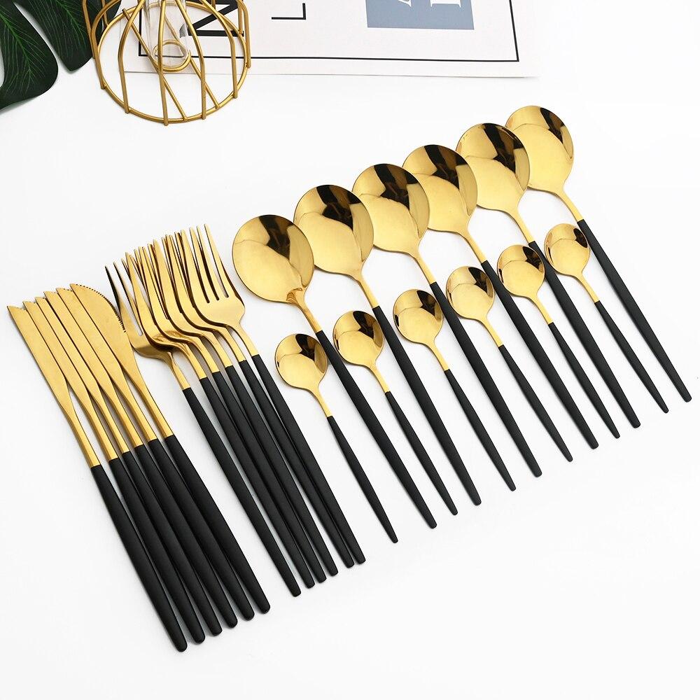 24Pcs Black Gold Dinnerware Set Stainless Steel Fork Spoon Knife Dinner Tableware With Butter Cheese Knife Basic Cutlery Set Kitchen