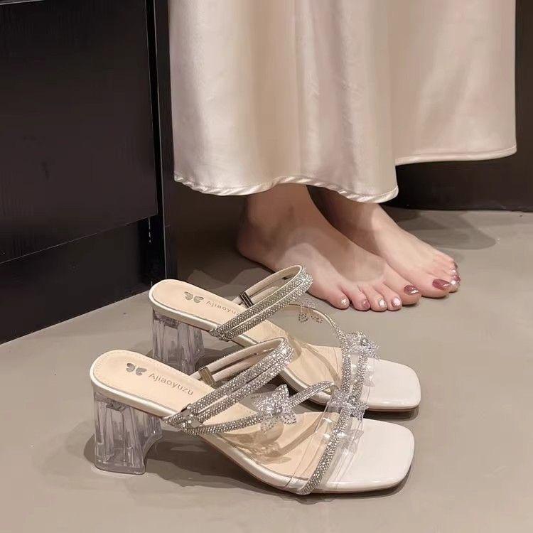Pantoufles à talon épais style étranger pour femme, été, printemps et été, mode style fée avec jupe, sandales à talon haut en cristal