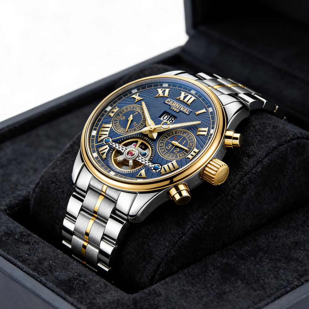 CARNIVAL Stainless Steel Automatic Mechanical Watch Mens Top Luxury Brand Tourbillon Sports Luminous Date Men Watches