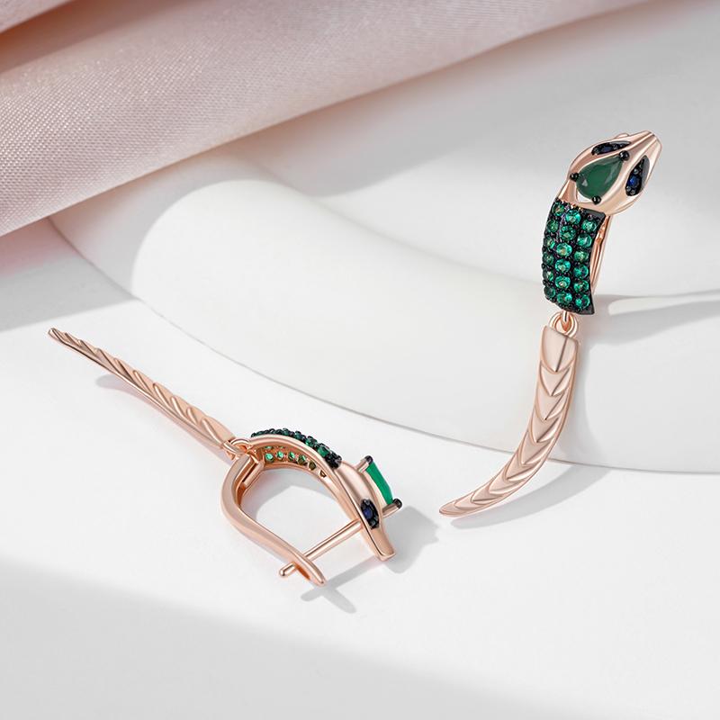 Modern Snake Tail Dangle Earrings Black & Rose Gold Color English Earrings Green Zircon Jewelry Edgy Women's Accessories