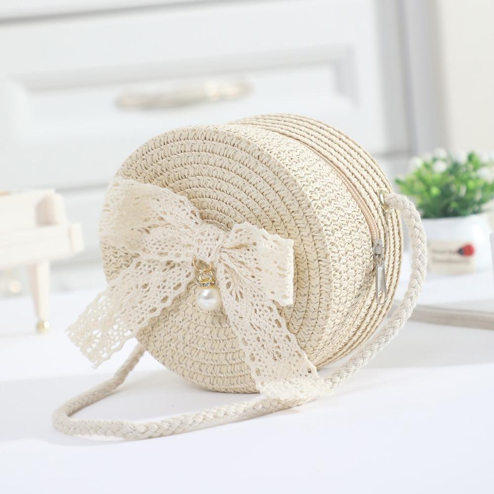 

Mini Lace Bow Straw Bag Hand-woven Round Summer Beach Bag Lightweight Zipper Kids Crossbody Purse бежевый