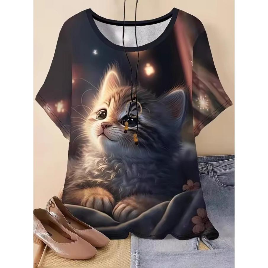 XL-7XL Plus Size Women's Men Tiger Casual 3D Print Loose Round Neck Short Sleeved T-shirt Top