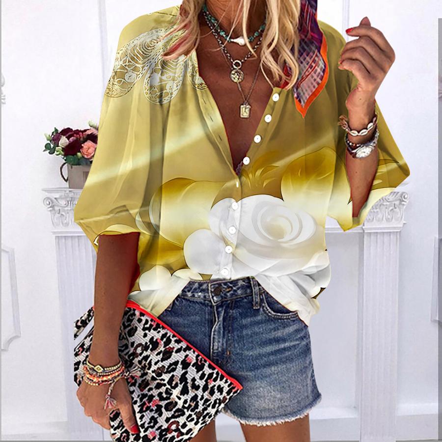 

2023 Лето Осень Новая мода Женские топы Кремовые розы Принт Полурукав Повседневная рубашка больших размеров на пуговицах больших размеров с пузырьковыми рукавами