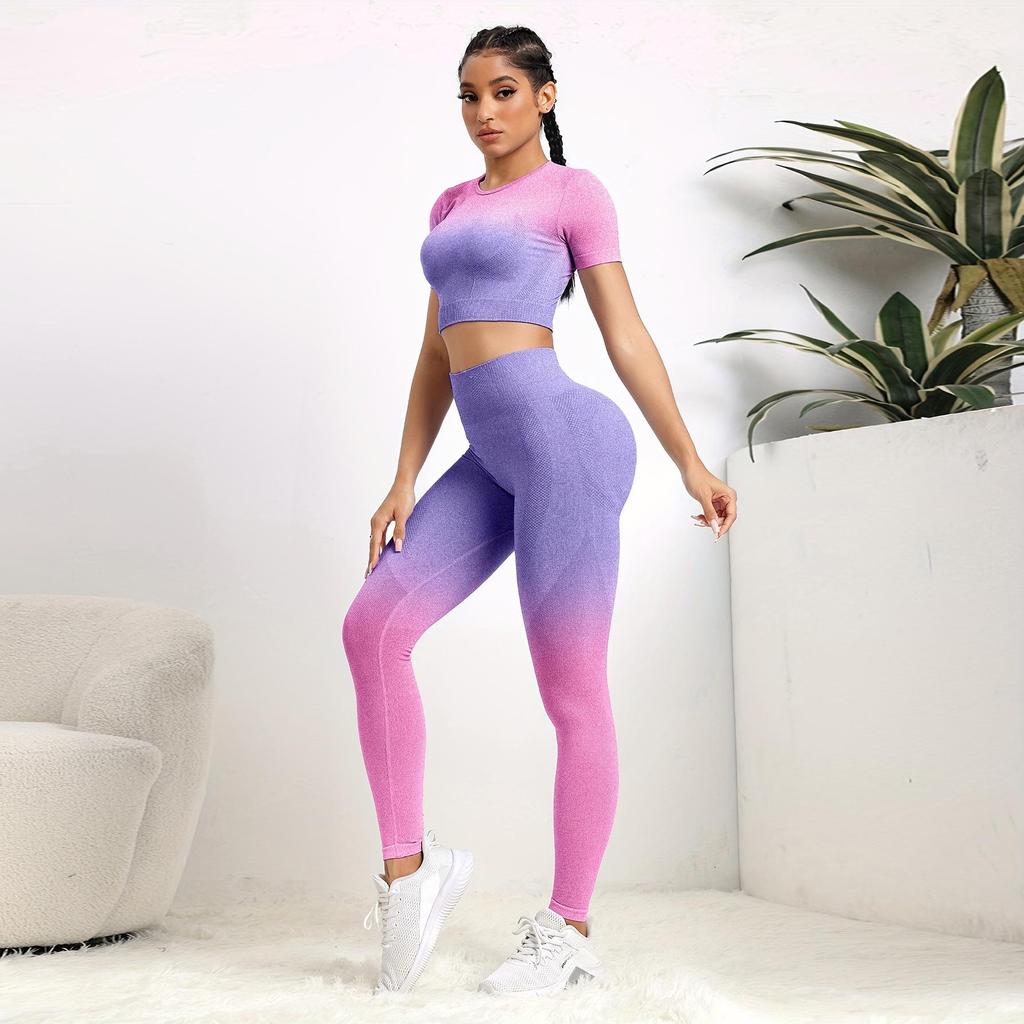Zestaw do jogi bez szwu: Top z krótkim rękawem i legginsy podnoszące biodra dla kobiet