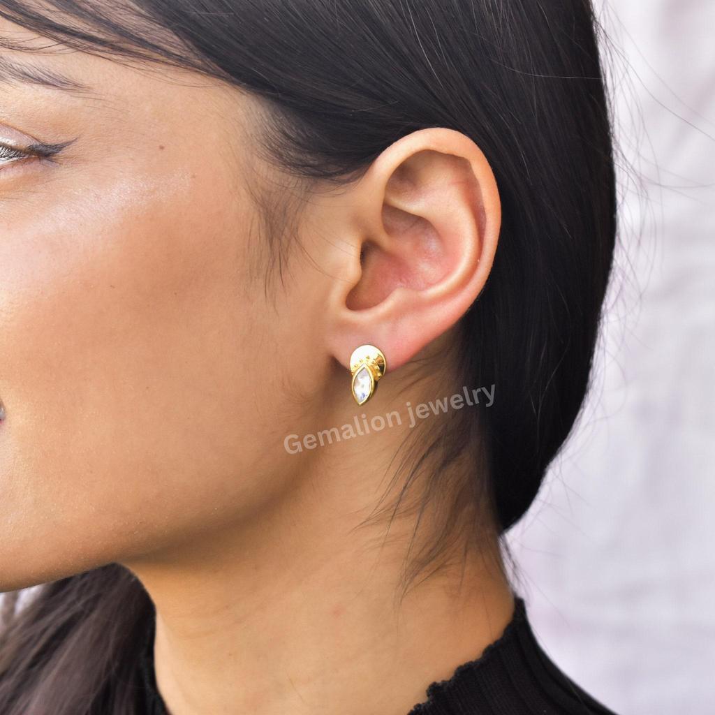 Genuine Moonstone Studs Earrings Rainbow Moonstone Marquise Studs for Her Healing Crystal 14K Gold Vermeil Studs Earring Bridesmaid Gift