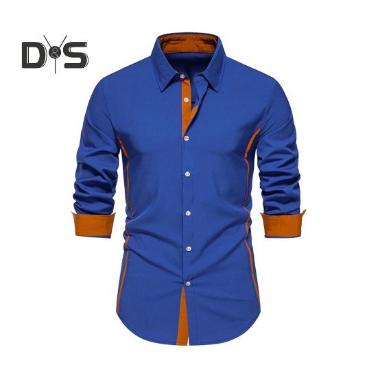 

Осенняя мужская рубашка с отложным воротником, пуговицами, длинными рукавами, однотонная, облегающая, средней длины, повседневная, официальная, деловая, для поездок на работу S синий