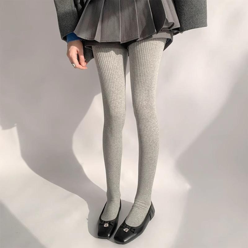 Women Vintage Slim Stockings Solid Color Thicken Ribbed Striped Pantyhose Tights