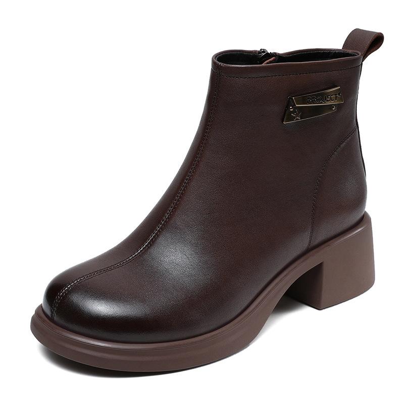 Skinny Short Boots Women's 2026 Autumn and Winter New Soft Cowhide Middle Heel Fashion Single Boots Round Head Thick Heel Velvet Leather Boots