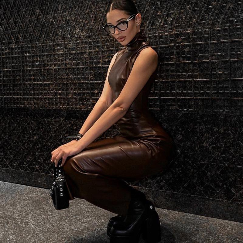 Women's High Neck Sleeveless Waisted Hip Split Dresses