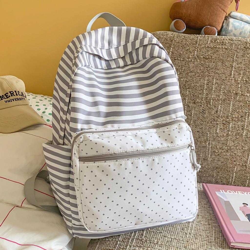 Cartella: Zaino scolastico a righe blu e pois blu mare, zaino da campus alla moda, grande capacità, leggero, zaino versatile ed elegante