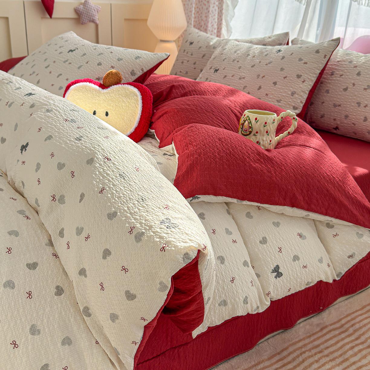 2026 Spring/Summer Puffy Crinkled Gauze Floral Dormitory Bedding Set - Small Size 3-Piece 1.2m Bed 3-Piece Set