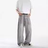 Mens Washed Grey Relaxed Straight Cut Wide Leg Denim Pants Casual Slim Fit Mid-Rise Stretch Cotton Jeans