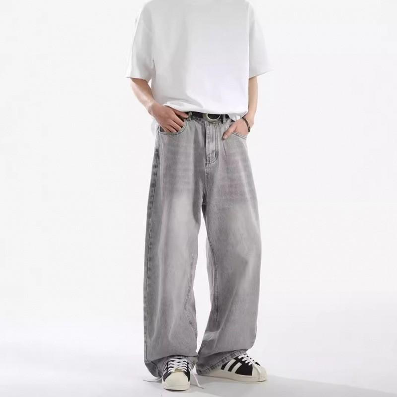 Mens Washed Grey Relaxed Straight Cut Wide Leg Denim Pants Casual Slim Fit Mid-Rise Stretch Cotton Jeans