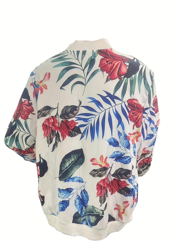 Elegant Floral Zippered Long Sleeve Baseball Collar Jacket - Plus Size for Autumn & Winter