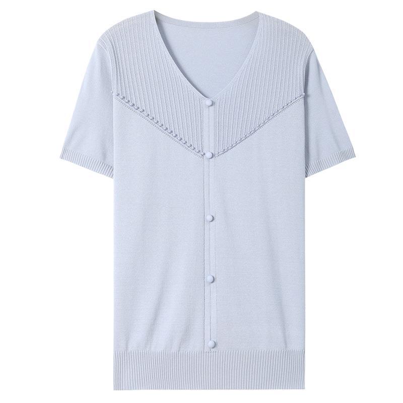 2026 Summer Ice Silk V-Neck Short Sleeve Shirt for Fashionable 40-Year-Old Mothers