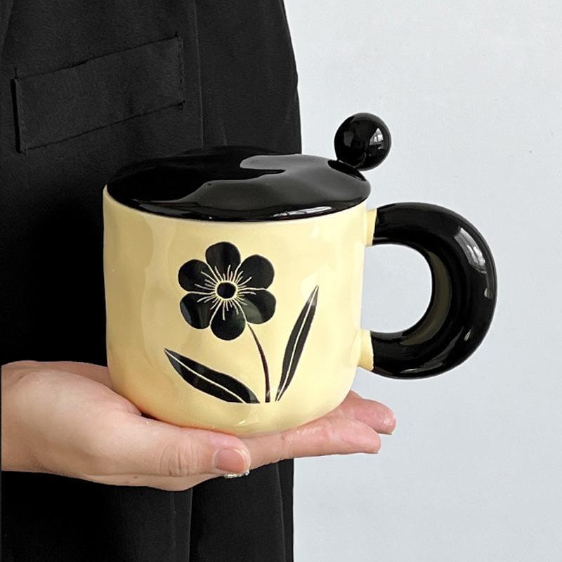 Retro Flower Ceramic Mug with Lid Spoon Premium Sense Drinking Cup Couple Gift Household Coffee Milk Mug