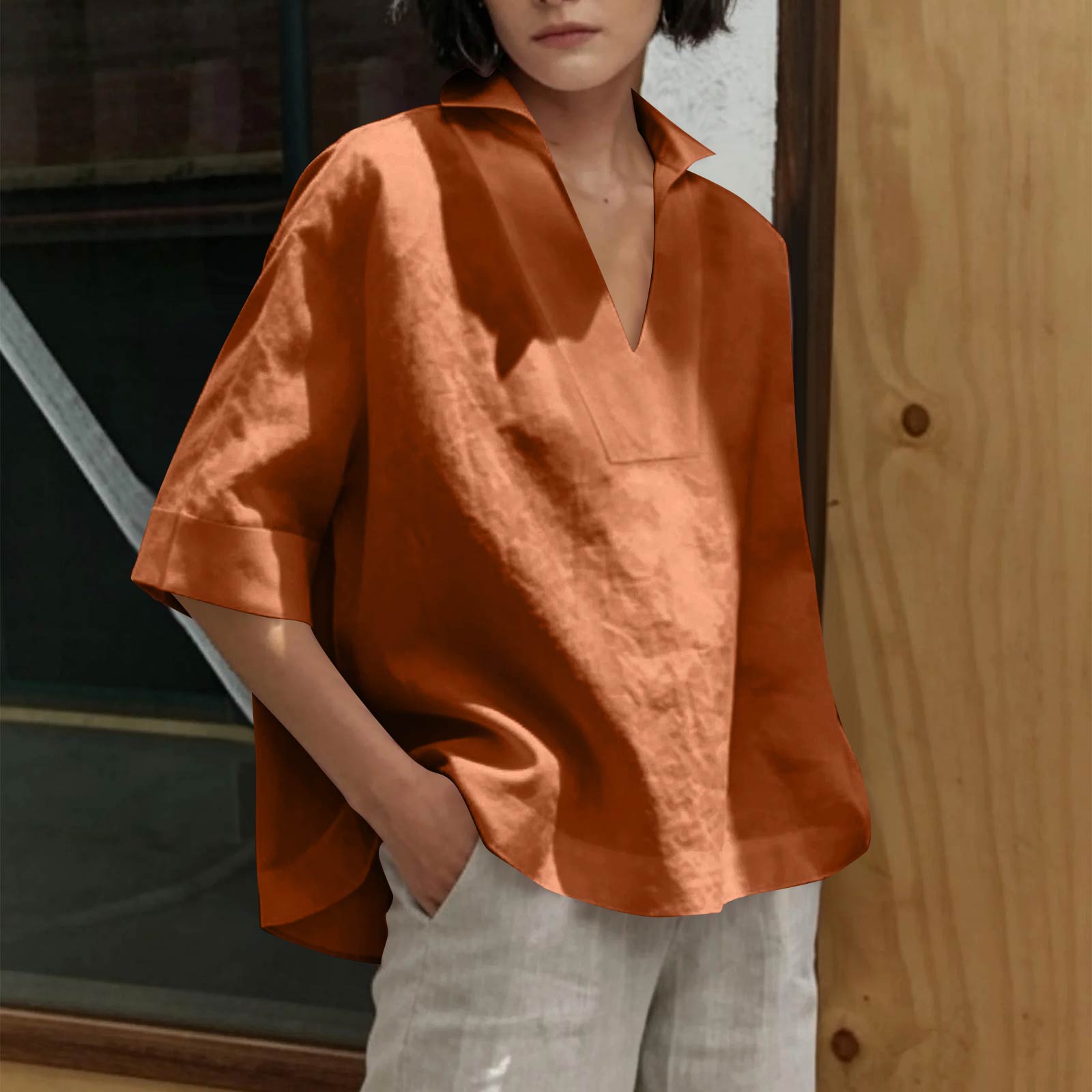 

Women s Fashionable Casual Loose Fit Comfortable V Neck Shirt Versatile Three Quarter Sleeve Plus Size Top XXXL оранжевый