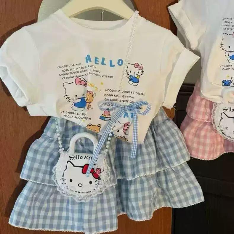 Girls Summer Cartoon Short Sleeve T Shirt And Plaid Skort Set Cute Princess Two Piece Outfit For Kids 90cm